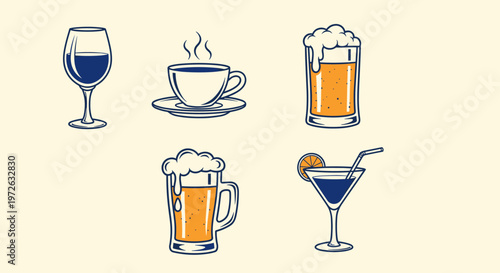 Collection of diverse beverages including wine, coffee, beer, and cocktails