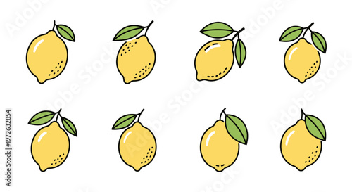 Collection of eight simple yellow lemon illustrations with green leaves on a white background