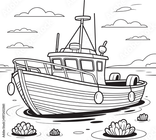 Fishing boat with barnacles on its hull floating on calm sea water with aquatic plants and cloudy sky