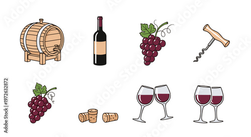 Collection of wine-related icons including barrel, bottle, grapes, corkscrew, and glasses