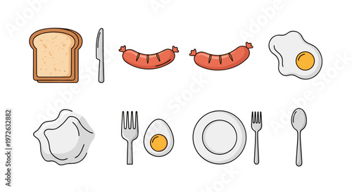 Simple flat illustration of breakfast items including toast, sausages, and eggs