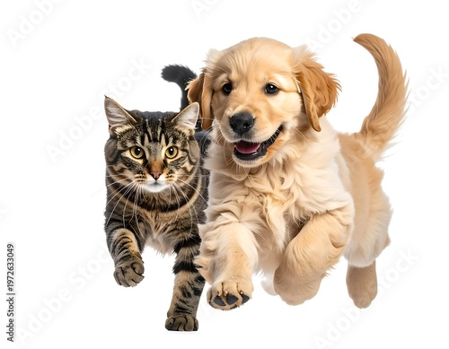 Adorable Golden Retriever Puppy and Tabby Cat Running Together.
