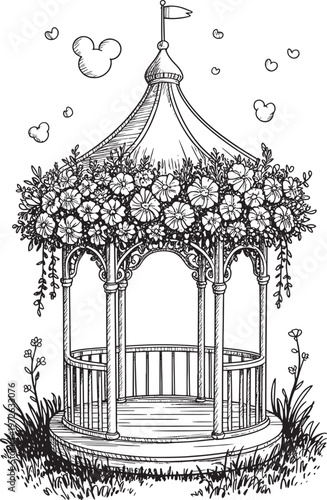floral gazebo Garden Gazebo with Floral Lush Greenery line art