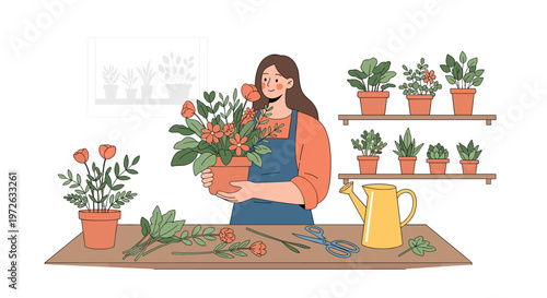 Happy female florist wearing an apron while arranging beautiful potted plants and flowers in her sunny flower shop workplace.