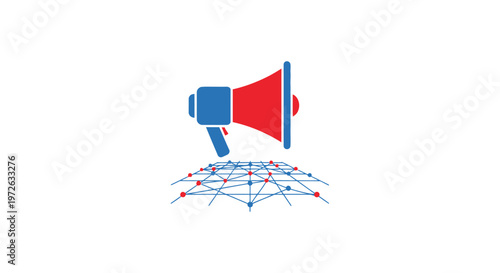 Megaphone on a global network sphere, symbolizing worldwide communication and international marketing outreach on isolated white background.