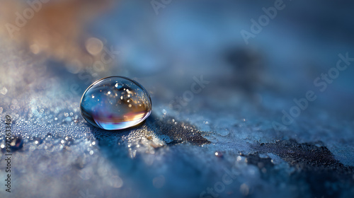 Captured macro shot of a single water droplet on a textured blue surface, reflecting light and creating a stunning visual