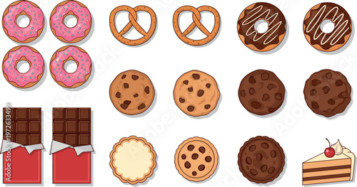 Sweet bakery dessert collection with donuts cookies chocolate bars pretzels and cake slice colorful food illustration set for menu design