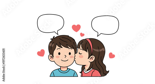 Adorable cartoon illustration of a young girl kissing a blushing boy on the cheek with hearts and empty speech bubbles.