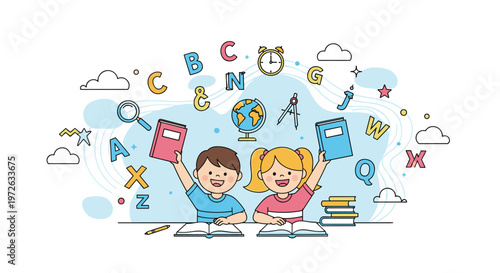 Happy school boy and girl sitting at their desks with open books and holding up colorful textbooks amidst educational symbols.