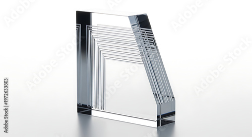 Clear glass prism with internal geometric lines abstract optical science concept for technology and education isolated on white background