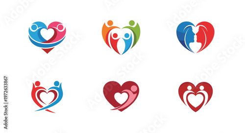 Set of heart shaped logo designs representing family unity, romantic love, and community support through abstract silhouettes.