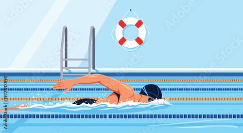 Professional male athlete swimming front crawl in a competition pool with blue lanes and a lifebuoy visible in the background.