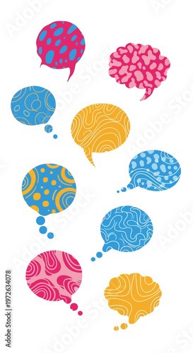 Colorful brain and speech bubbles illustration.