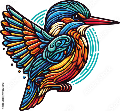 Colorful king fisher line art vector design with swirling patterns
