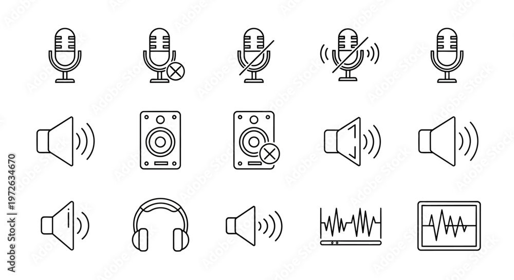 Fototapeta premium Collection of audio equipment line icons.