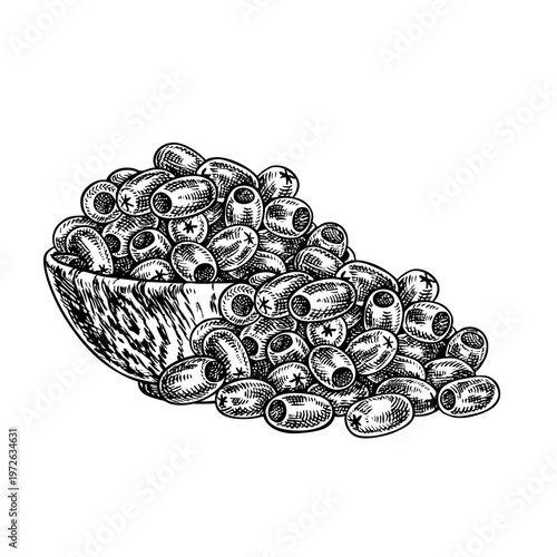 A handful of pitted olives in a wooden cup. Black and white graphic vector illustration drawn by hand. Isolate. Perfect for creating labels, prints, as well as packaging, banners, posters, and more.