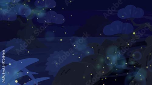 枕草子の夏は夜をイメージした背景イラスト_蛍が沢山_16:9