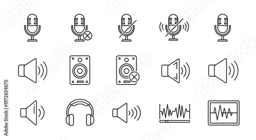 Collection of audio equipment line icons.