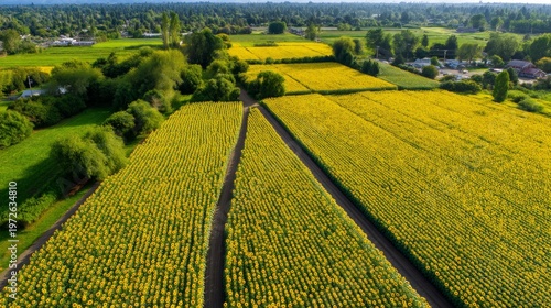 Aerial View of Endless Rows of Vibrant Sunflowers on a Bright Farm
