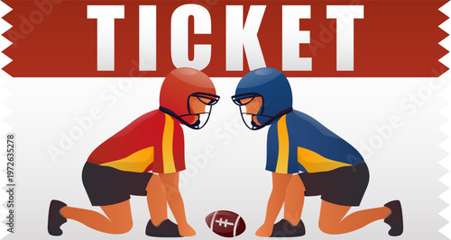 illustration for an American football game ticket. Two players in uniforms and helmets (red and blue) are facing each other near the ball