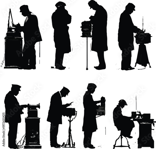 Vintage silhouettes of men operating early communication and electrical devices, illustrating historical technological advancements and the dedicated work of operators from a bygone era