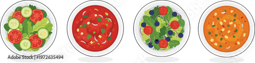 Healthy food bowls set with fresh salads and vegetable soup top view