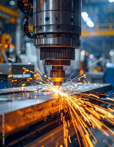 Automated industrial machine cutting metal with sparks flying in factory.