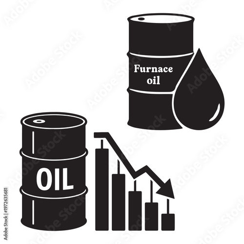 Industrial oil barrel icons with furnace oil drop and stock market crash graph, black and white vector set for energy economy and petroleum trade