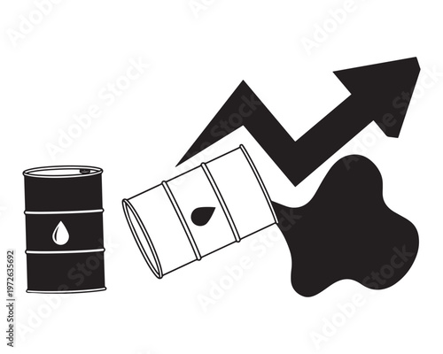 Oil price increase vector illustration, rising market arrow with fuel barrels and spilled crude oil, petroleum industry growth concept