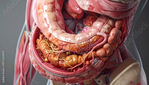 Detailed Human Digestive System Anatomy Close-up.