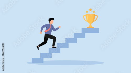 Man climbing stairs to trophy vector illustration with flat design