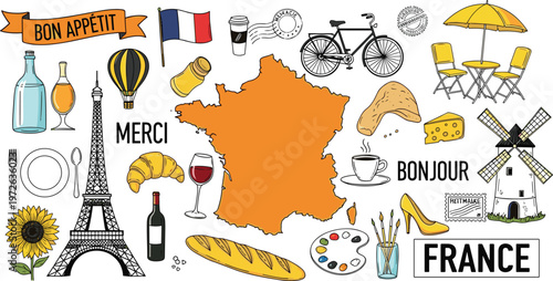 French Culture and Travel Illustration Set with Eiffel Tower, Baguette, Wine, Sunflowers, and Iconic Landmarks for France-Themed Designs
