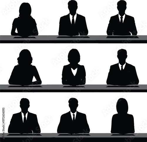 Silhouettes of diverse business professionals and executives are seen sitting behind a table, prepared for a meeting, interview, or presentation, representing various corporate roles.