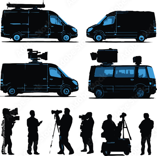 Collection of broadcasting vehicles and professional camera operators captured in detailed silhouettes for media production concepts isolated on a clean white background for design usage