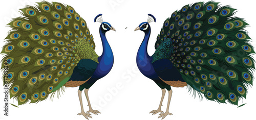 Majestic male peacock bird set with colorful iridescent tail feathers