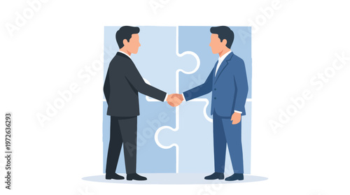 Businessmen shaking hands with puzzle pieces with flat design