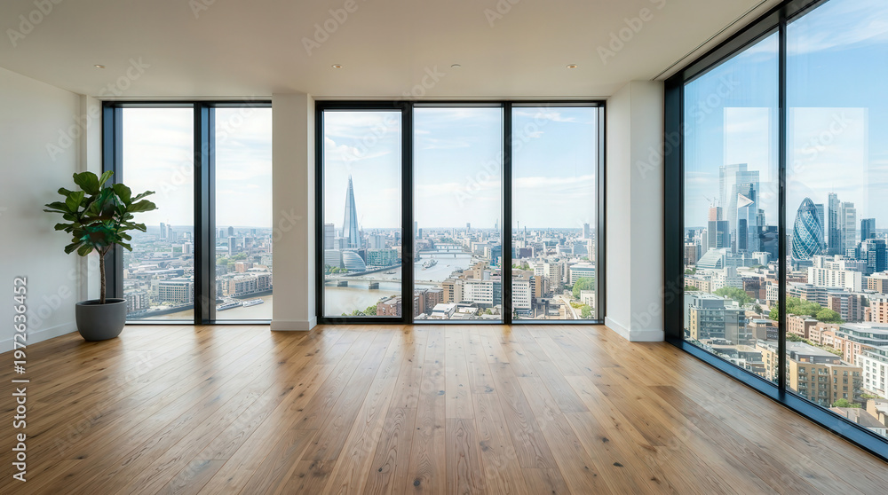 Obraz premium Modern City View From High-Rise Office Space with Floor-to-Ceiling Windows