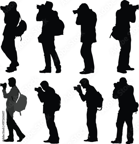 A diverse collection of eight male photographer silhouettes capturing moments with their professional cameras, depicted in various poses, some carrying bags.