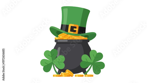 Leprechaun Pot of Gold with Shamrocks and Green Hat vector icon