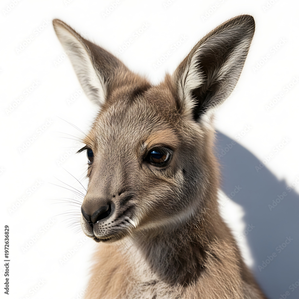 Fototapeta premium Close-up headshot of a young kangaroo on a white background in natural light