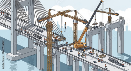 Bridge Under Construction With Multiple Tower Cranes.