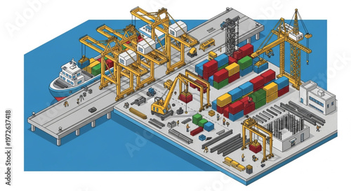 Aerial View of Busy Container Port Terminal.