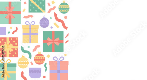A vibrant and joyful illustration of wrapped presents and ornaments evokes feelings of celebration and giving, ideal for holiday marketing and seasona
