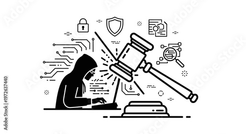 Hacker under legal judgment with cyber security symbols.