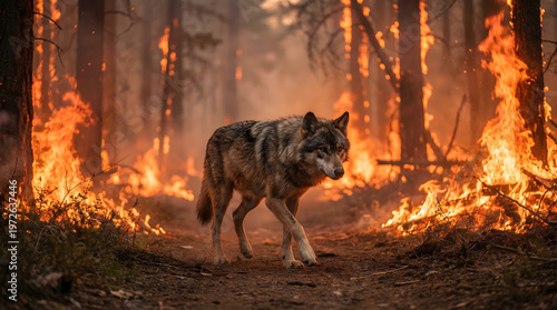Wolf Walking Through Burning Forest Wildfire