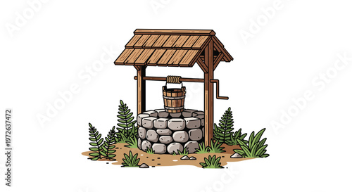 A rustic wooden wishing well with a gabled shingle roof and a suspended bucket stands amidst lush green ferns under bright and clear studio lighting.