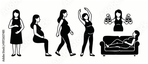 Pregnant Woman Stages, Pregnancy Journey Icons, Motherhood Stages, Expecting Mom Lifestyle, Baby Shoes, Sofa Relaxation, Flat Vector Illustration, Black and White Stages on White.
