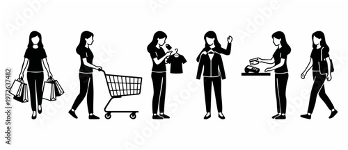 Woman Shopping Black Pictogram, People Buy Clothes, Consumerism Concept. Customer at Checkout, Store, Mall, Boutique, Girl with Bags, Isolated Vector Illustration Line Art, Shopping Stages (200)