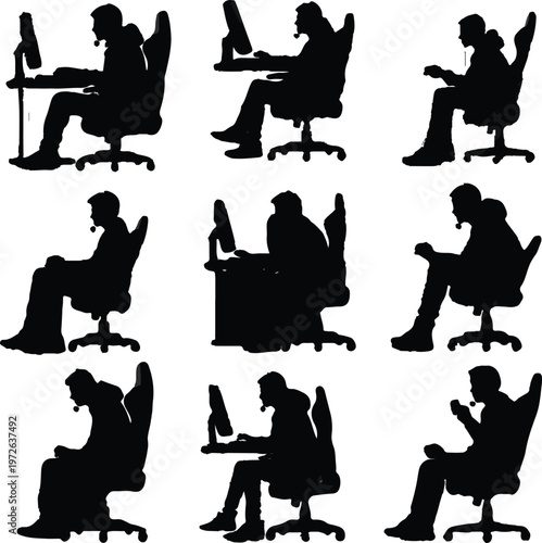 Diverse collection of nine black silhouettes featuring young male gamers and computer users intently engaged in various desktop activities while seated in comfortable ergonomic chairs.