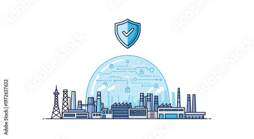 A sprawling industrial factory complex remains protected under a glowing blue digital dome while a secure checkmark shield icon floats in the white space.